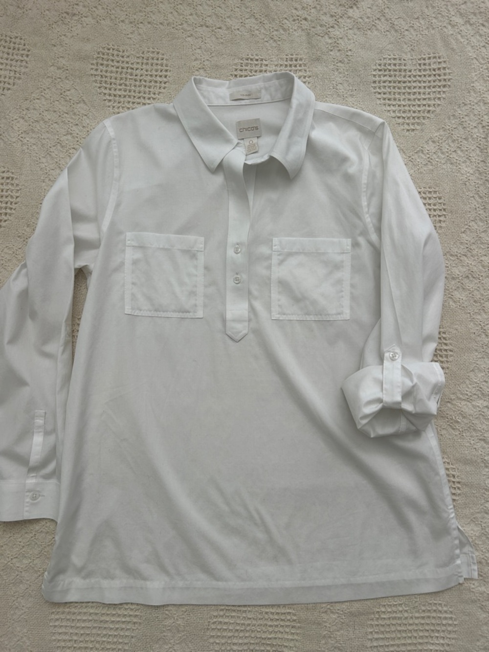 Chico's No Iron White Long-Sleeve Button-Front Casual Tunic Shirt
